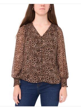 Sam & Jess Petite Smocked Shoulder V-Neck Blouse Top - Chicory Coffee